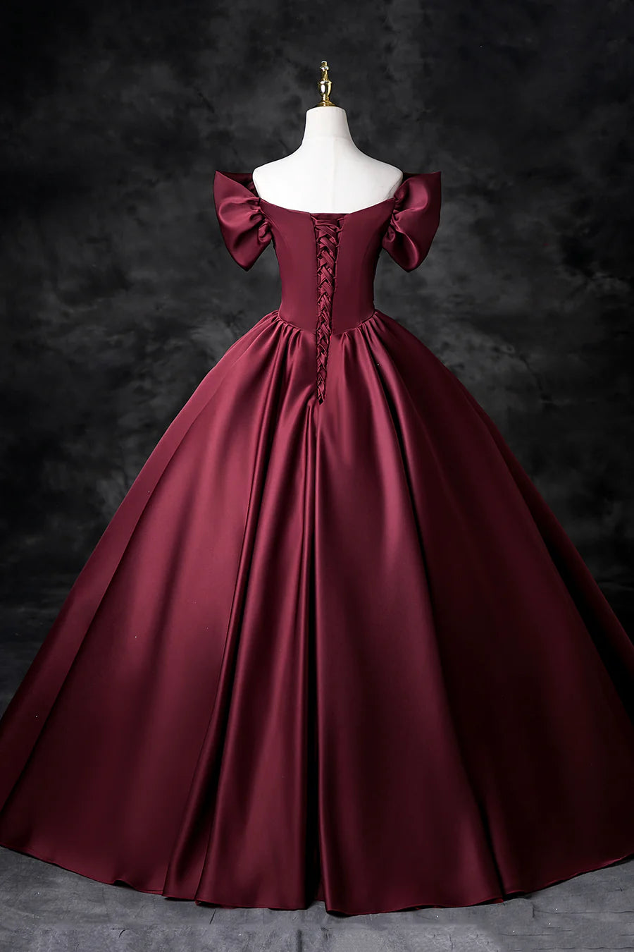 Burgundy Satin Sweetheart Neck Back Lace-up Off the Shoulder Floor Length Prom Dress Party Dress
