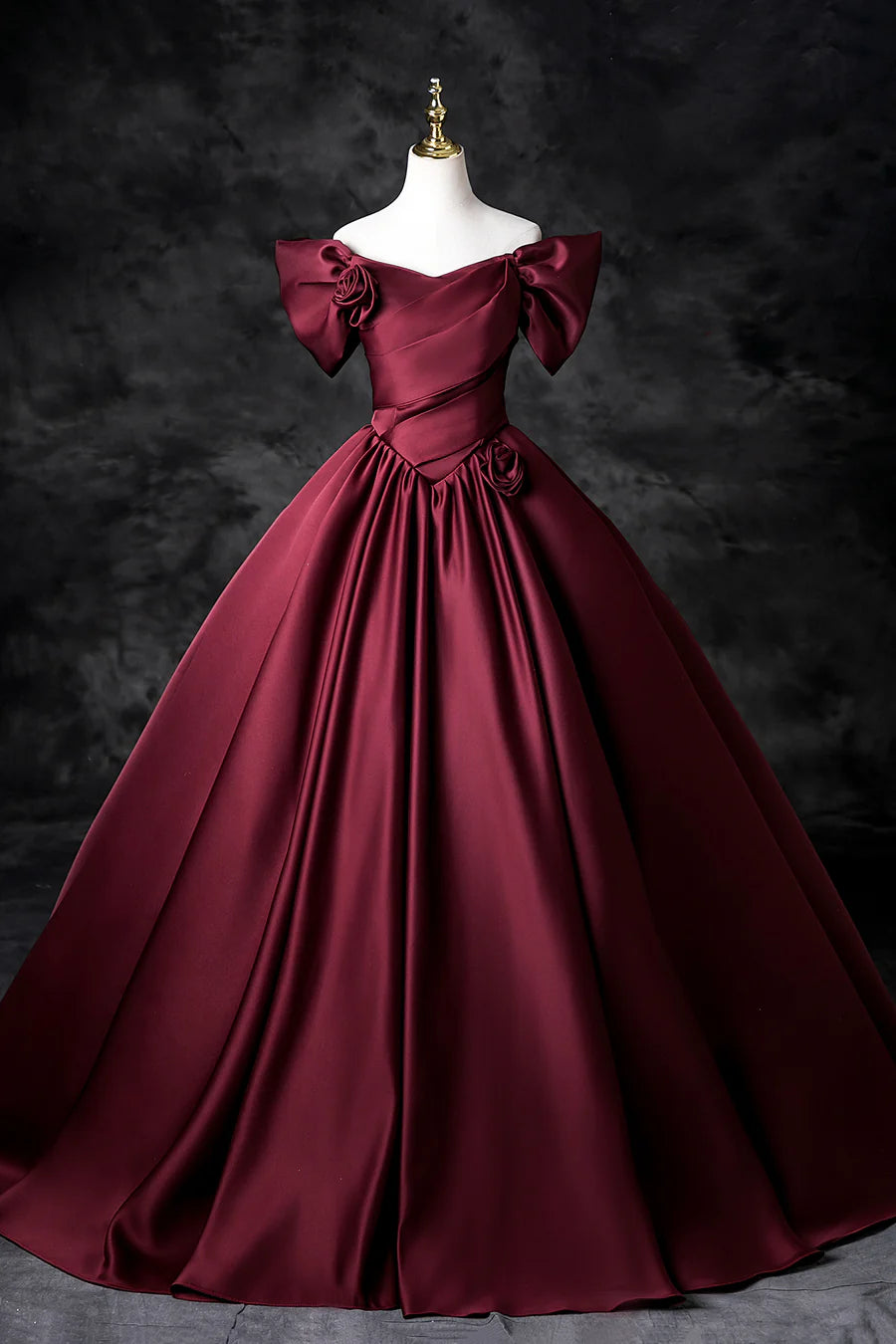 Burgundy Satin Sweetheart Neck Back Lace-up Off the Shoulder Floor Length Prom Dress Party Dress