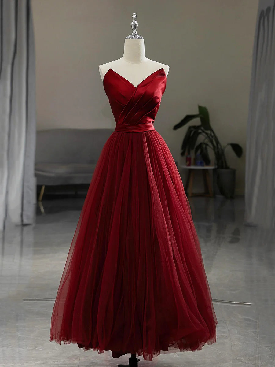 Burgundy Satin Tulle Pleated V-Neck Strapless A-Line Long Prom Dress Evening Party Dress