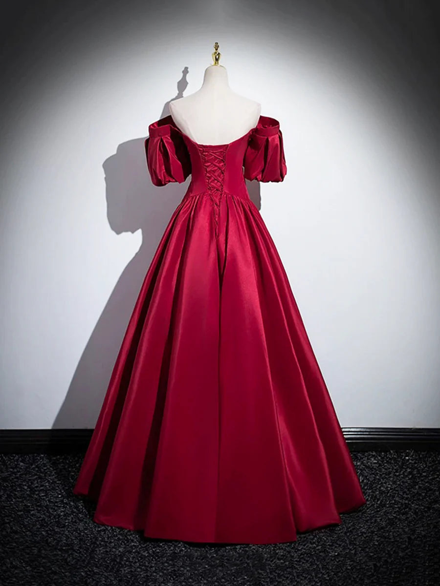 Burgundy Satin V Neck Puff Sleeves Long Prom Dress Off the Shoulder A-Line Floor Length Formal Evening Dress