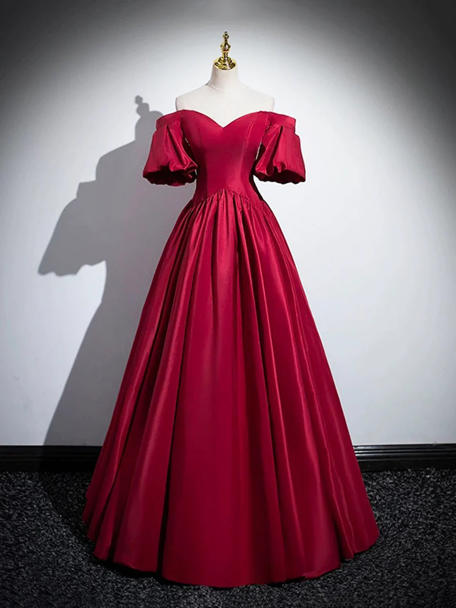 Burgundy Satin V Neck Puff Sleeves Long Prom Dress Off the Shoulder A-Line Floor Length Formal Evening Dress