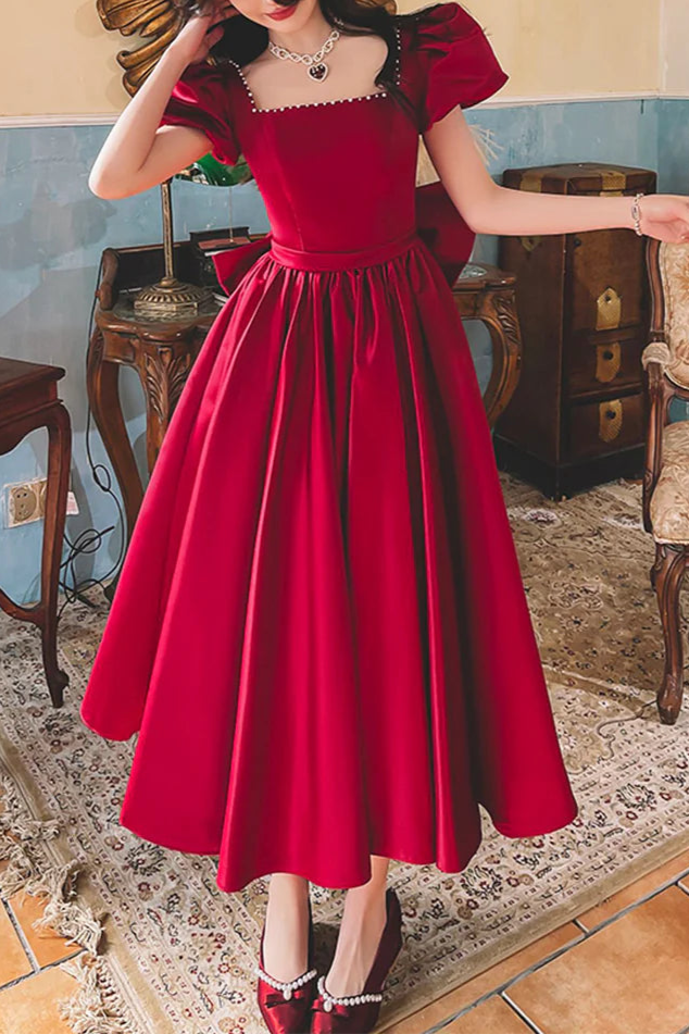 Burgundy Satin With Beaded Bow Square Neck Cute A-Line Short Sleeve Homecoming Dress