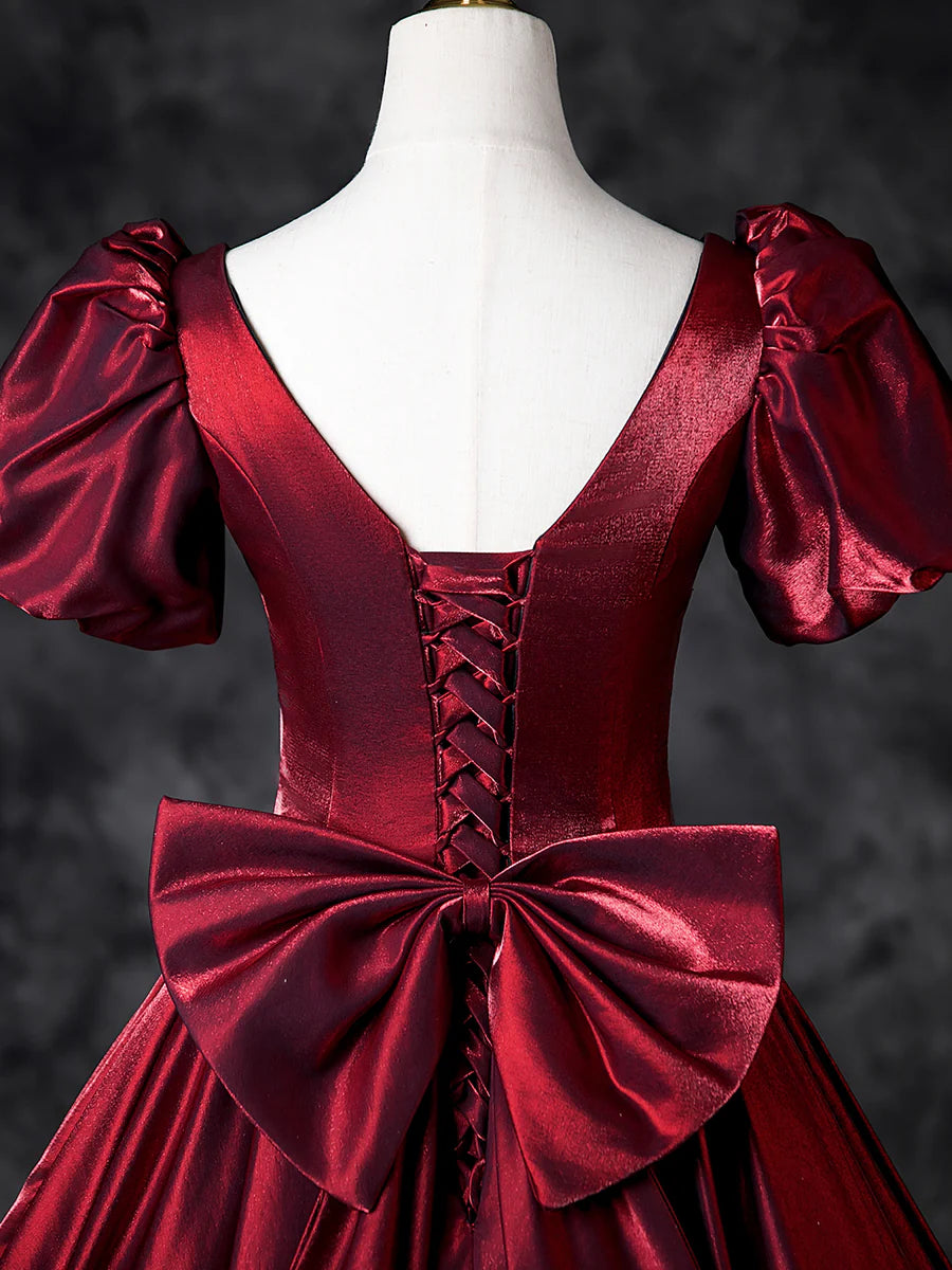Burgundy Satin With Bow A-Line Short Sleeve Floor Length Prom Dress Formal Dress