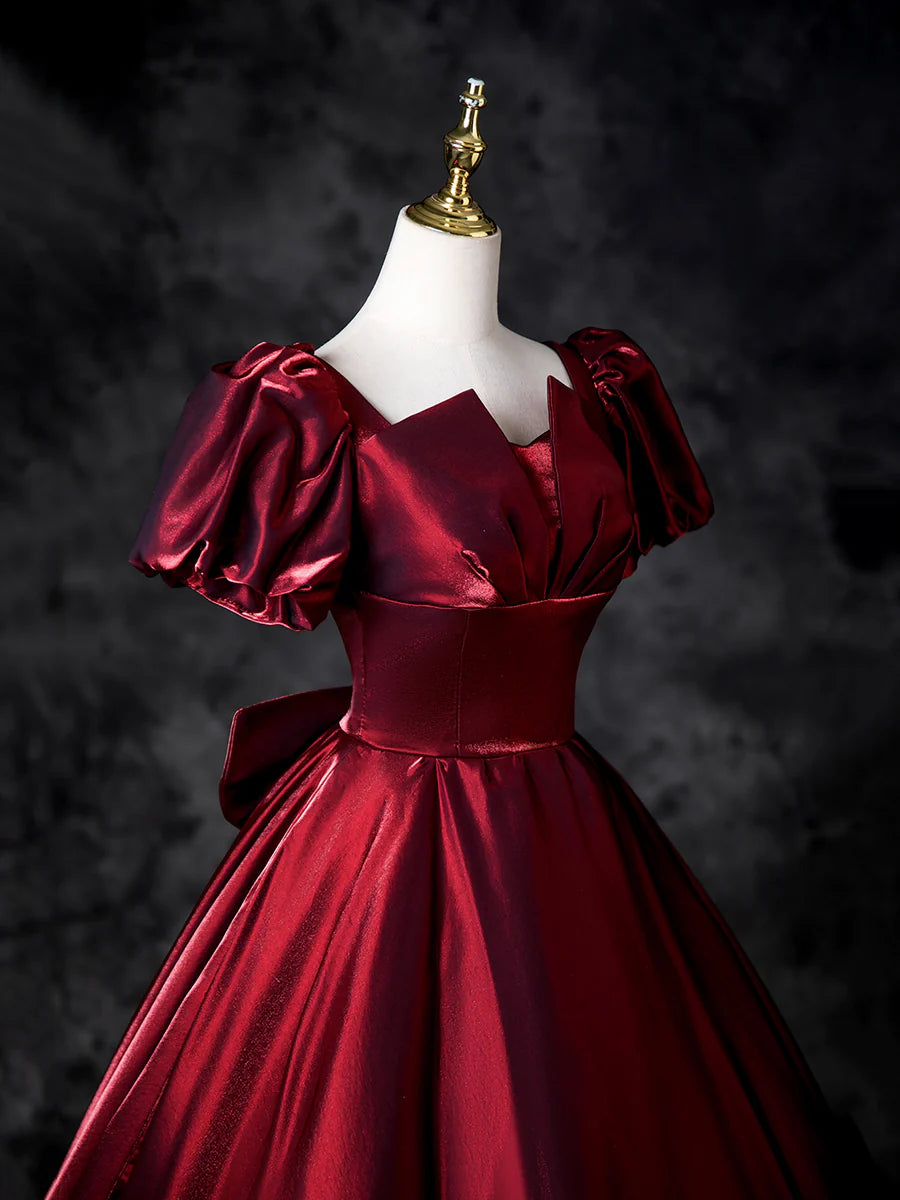 Burgundy Satin With Bow A-Line Short Sleeve Floor Length Prom Dress Formal Dress