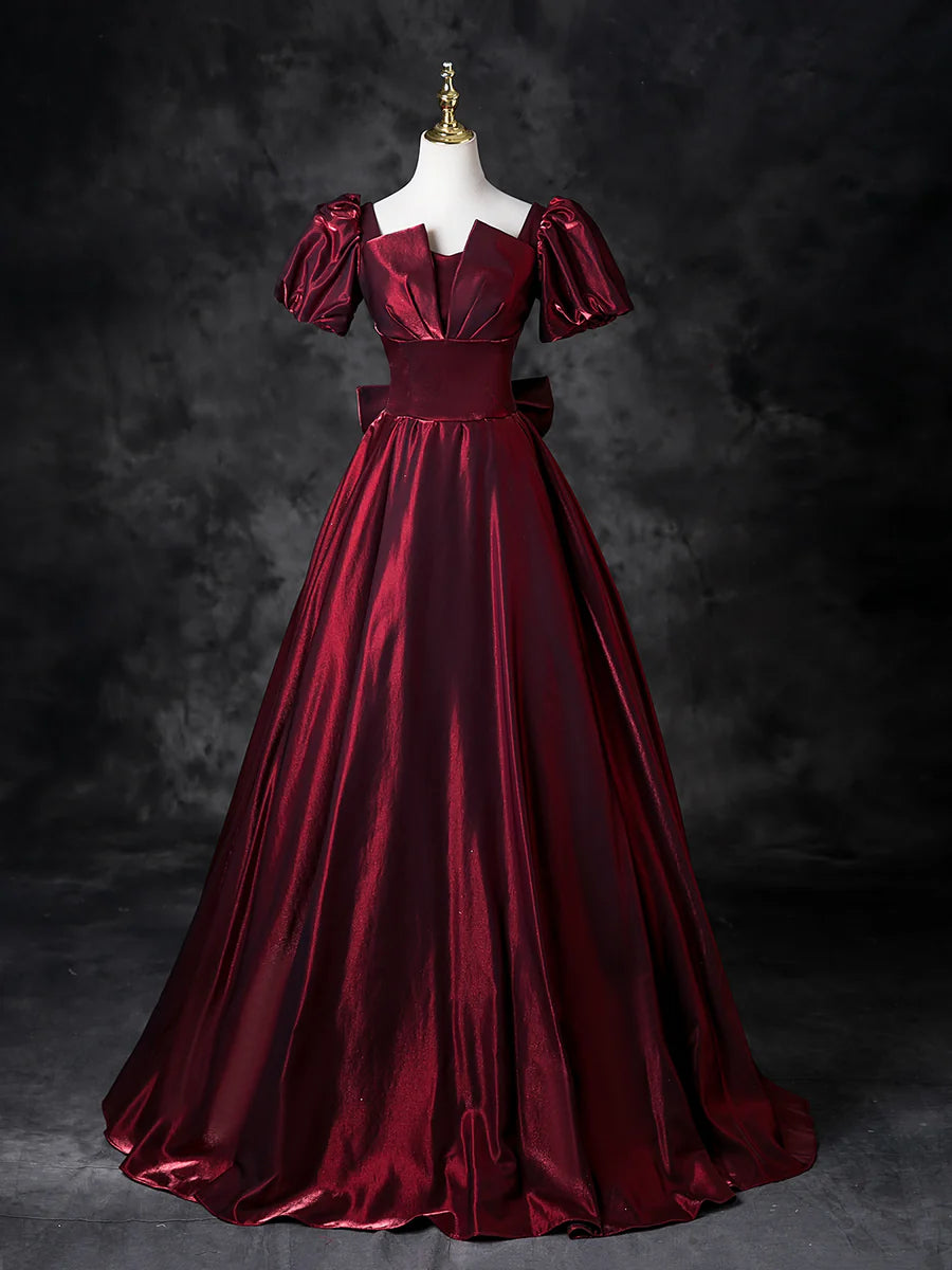 Burgundy Satin With Bow A-Line Short Sleeve Floor Length Prom Dress Formal Dress