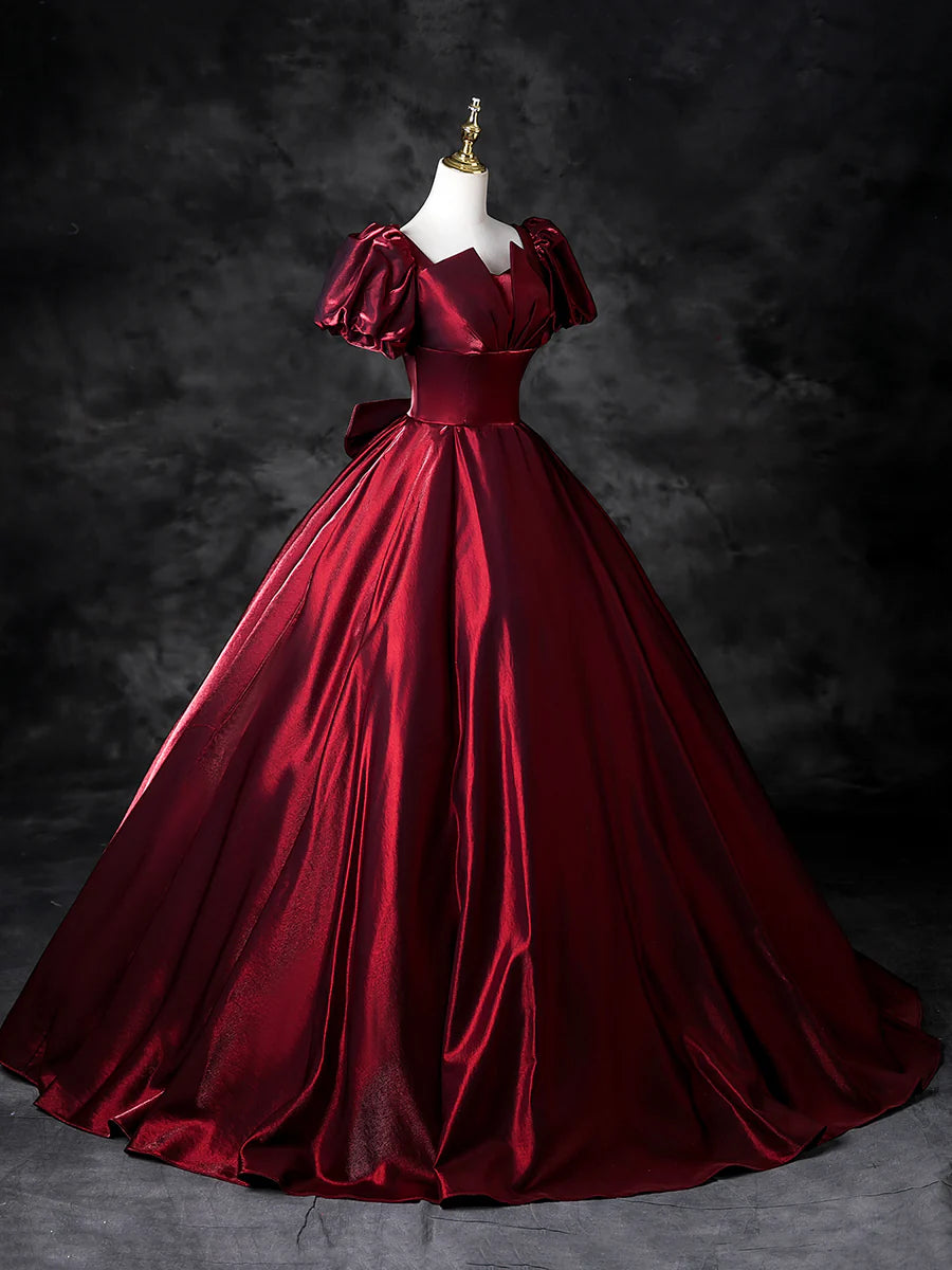 Burgundy Satin With Bow A-Line Short Sleeve Floor Length Prom Dress Formal Dress