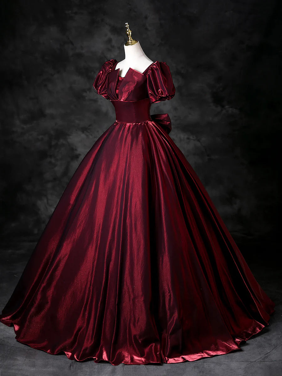 Burgundy Satin With Bow A-Line Short Sleeve Floor Length Prom Dress Formal Dress
