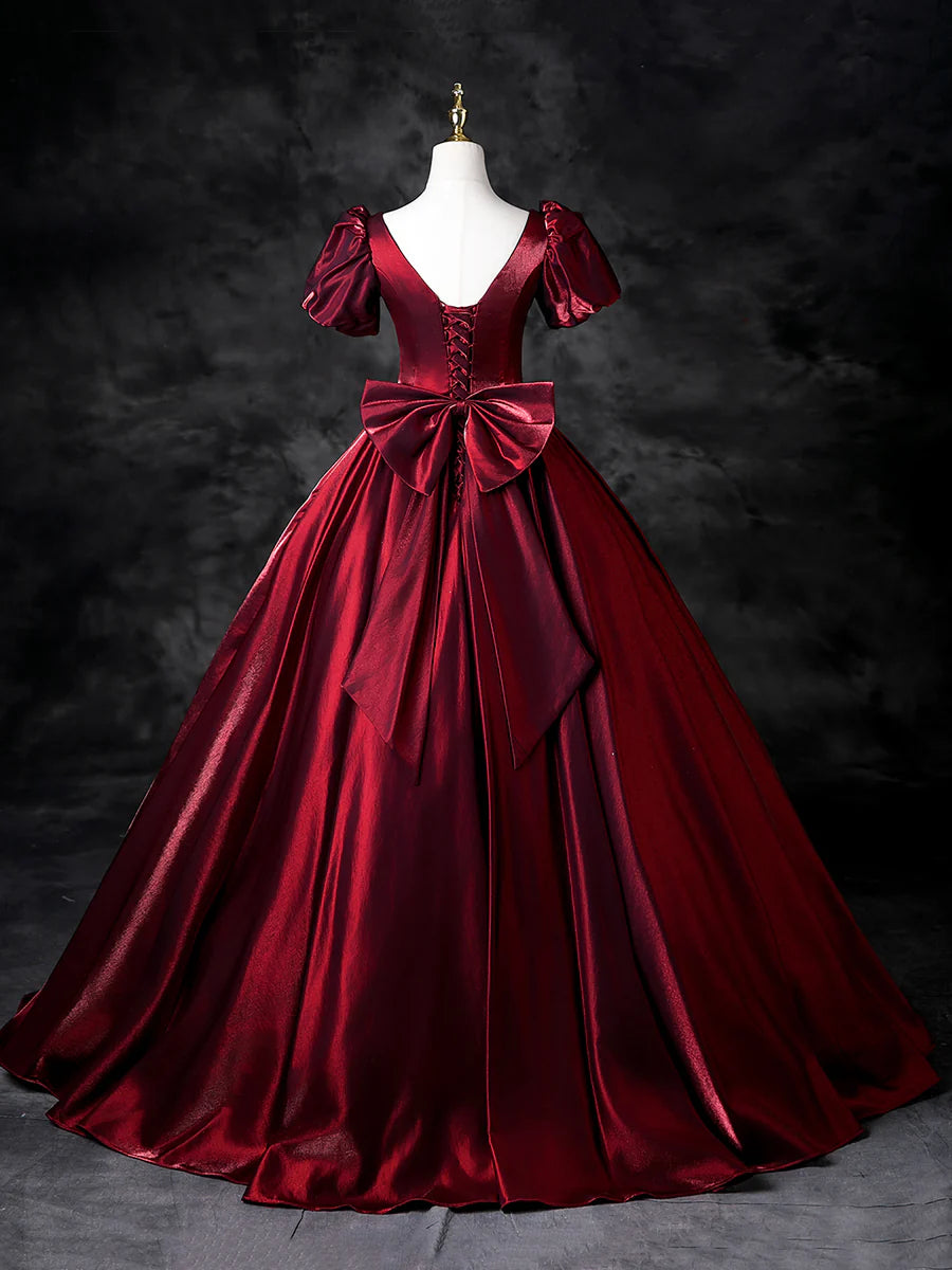 Burgundy Satin With Bow A-Line Short Sleeve Floor Length Prom Dress Formal Dress