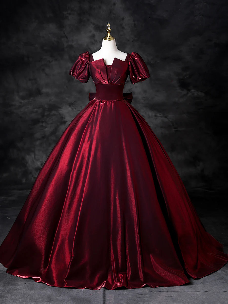 Burgundy Satin With Bow A-Line Short Sleeve Floor Length Prom Dress Formal Dress