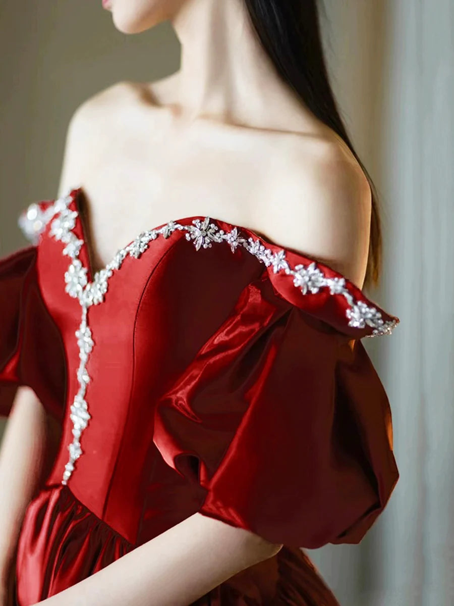 Burgundy Satin With Rhinestone Short Sleeves Floor Length Prom Dress A-Line Off-The-Shoulder Princess Party Dress