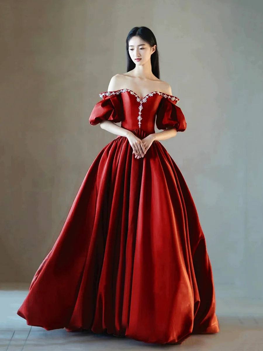 Burgundy Satin With Rhinestone Short Sleeves Floor Length Prom Dress A-Line Off-The-Shoulder Princess Party Dress