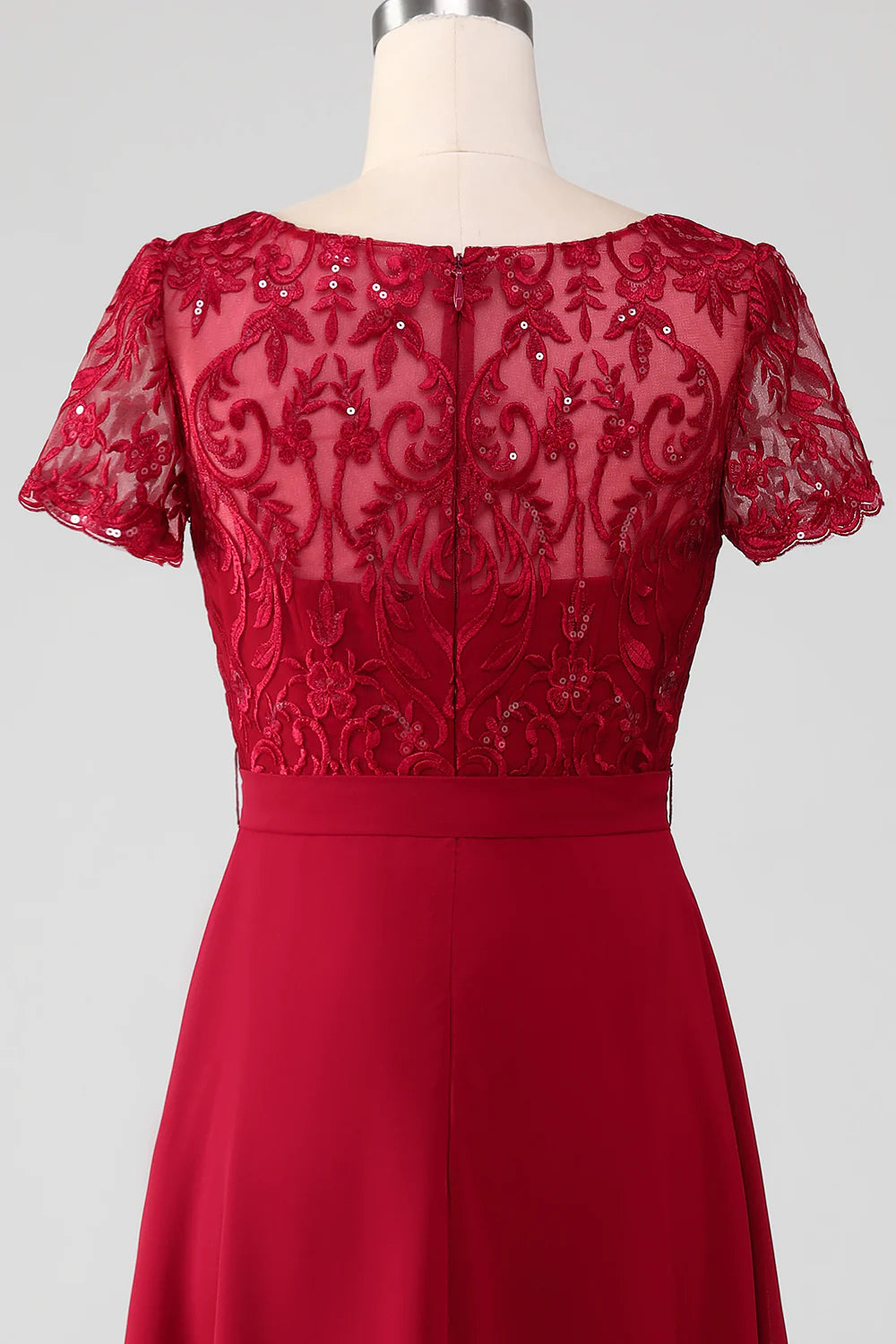 Burgundy Sequin Appliques Round Neck Short Sleeves Mother of Bride Dress With Asymmetrical Hem