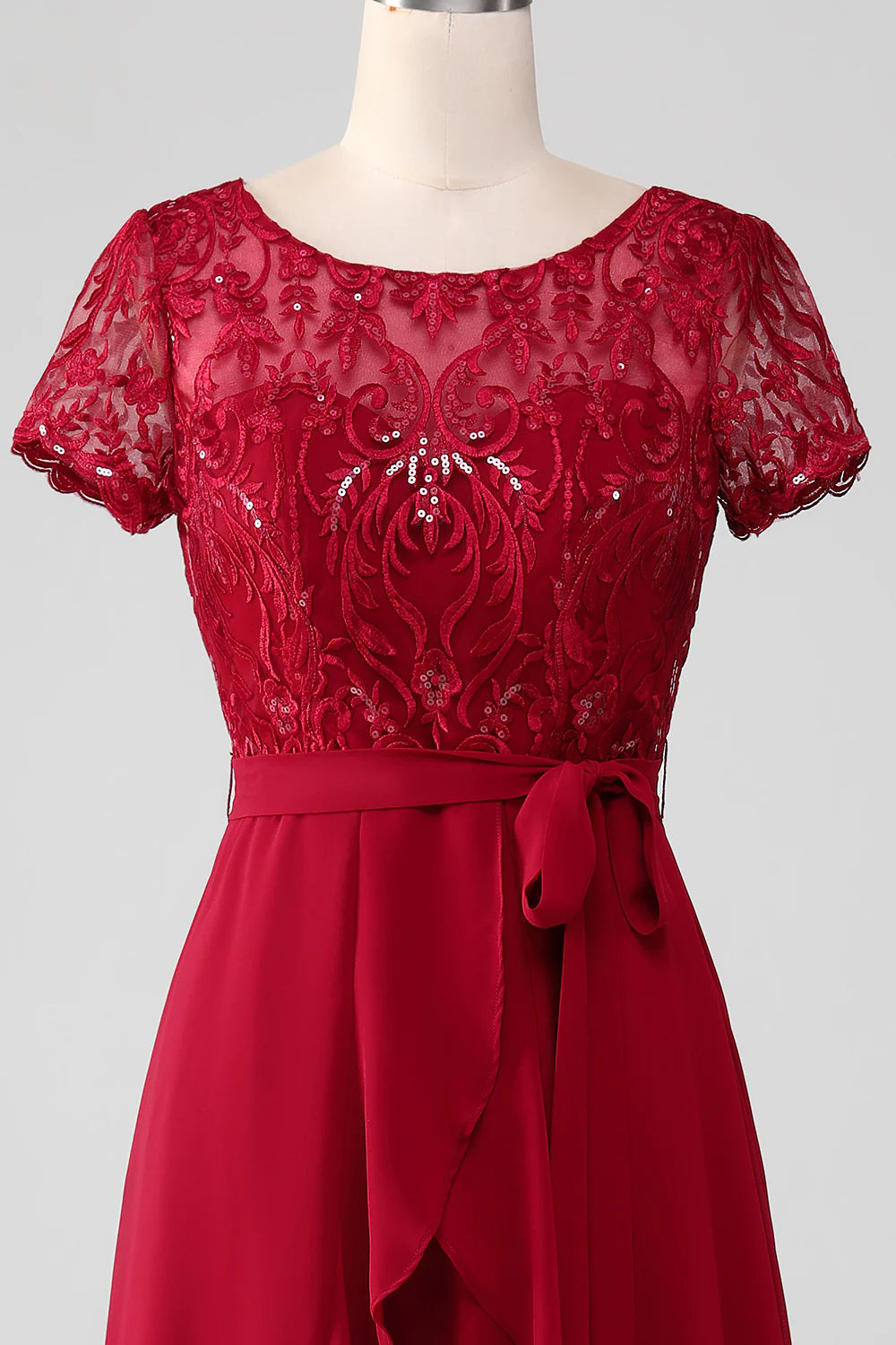 Burgundy Sequin Appliques Round Neck Short Sleeves Mother of Bride Dress With Asymmetrical Hem