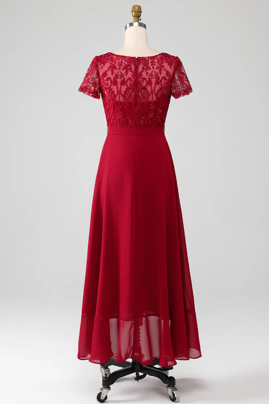 Burgundy Sequin Appliques Round Neck Short Sleeves Mother of Bride Dress With Asymmetrical Hem