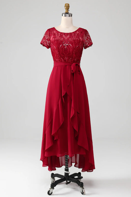 Burgundy Sequin Appliques Round Neck Short Sleeves Mother of Bride Dress With Asymmetrical Hem
