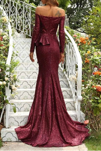 Burgundy Sequin Off-the-Shoulder Ruffles Floor Length Long Evening Dress With Slit