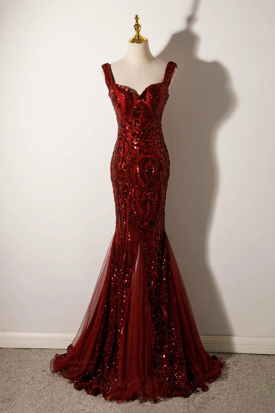 Burgundy Sequin Sweetheart Neck Backless Mermaid Long Prom Dress Evening Party Dress