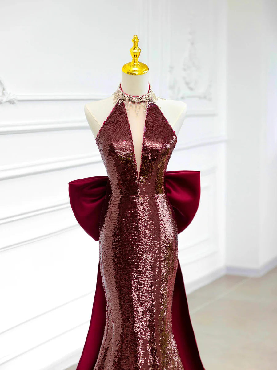 Burgundy Sequins Mermaid Backless Long Prom Dress Evening Party Dress With Bow