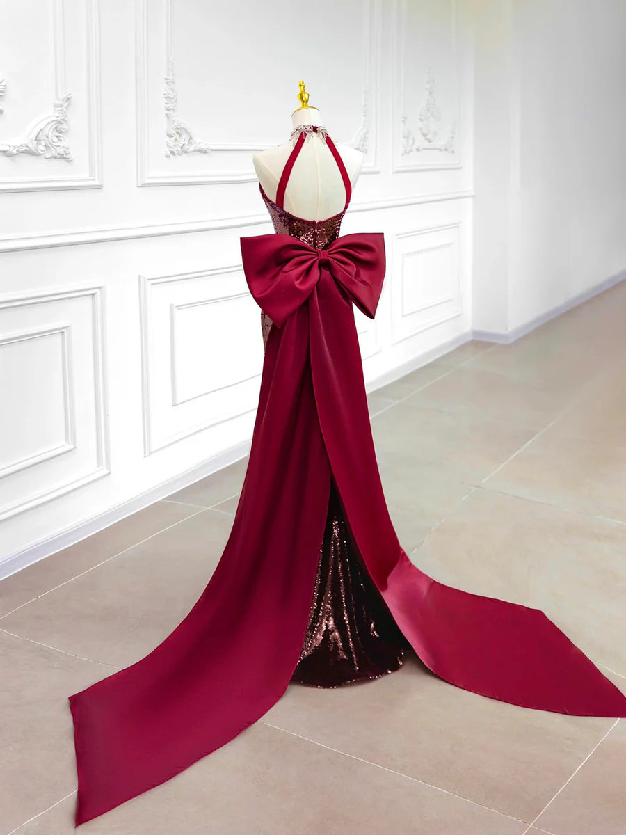 Burgundy Sequins Mermaid Backless Long Prom Dress Evening Party Dress With Bow