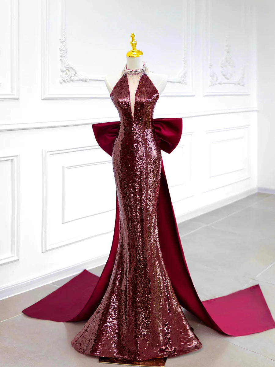 Burgundy Sequins Mermaid Backless Long Prom Dress Evening Party Dress With Bow