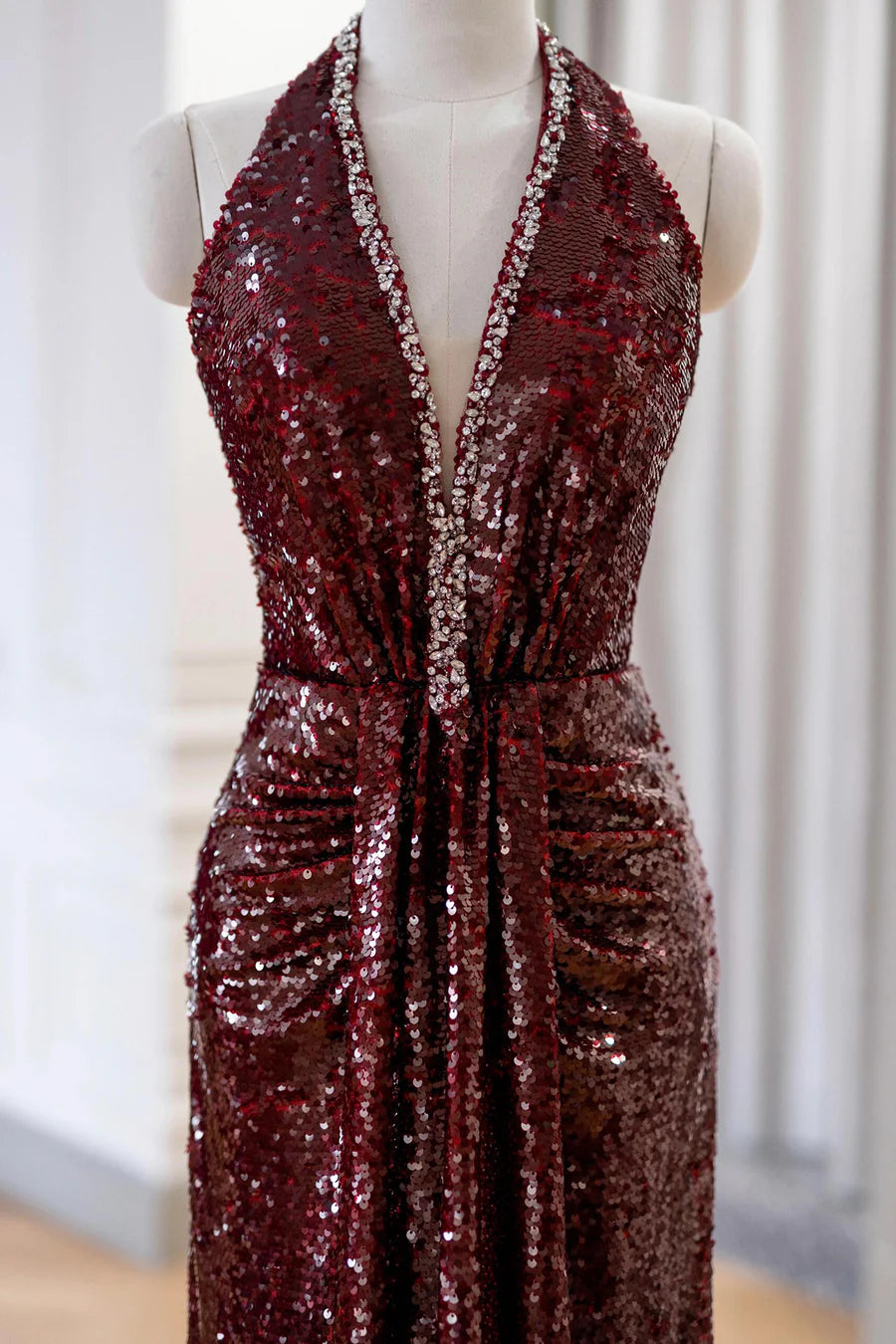 Burgundy Sequins Mermaid Halter Deep V-Neck Long Prom Dress Evening Party Dress