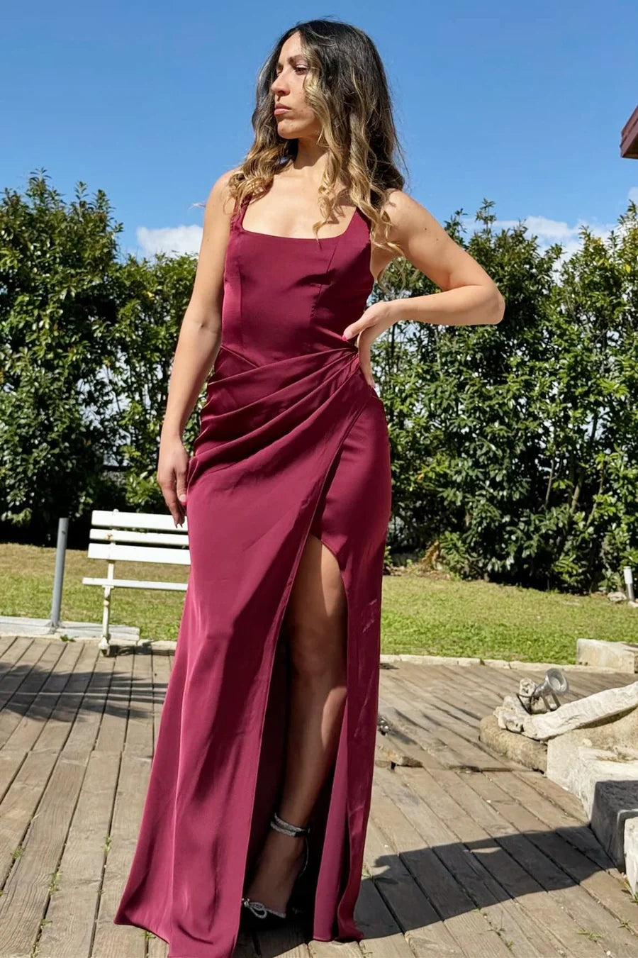 Burgundy Square Neck Back Cutout Slit Ruched Bridesmaid Dresses