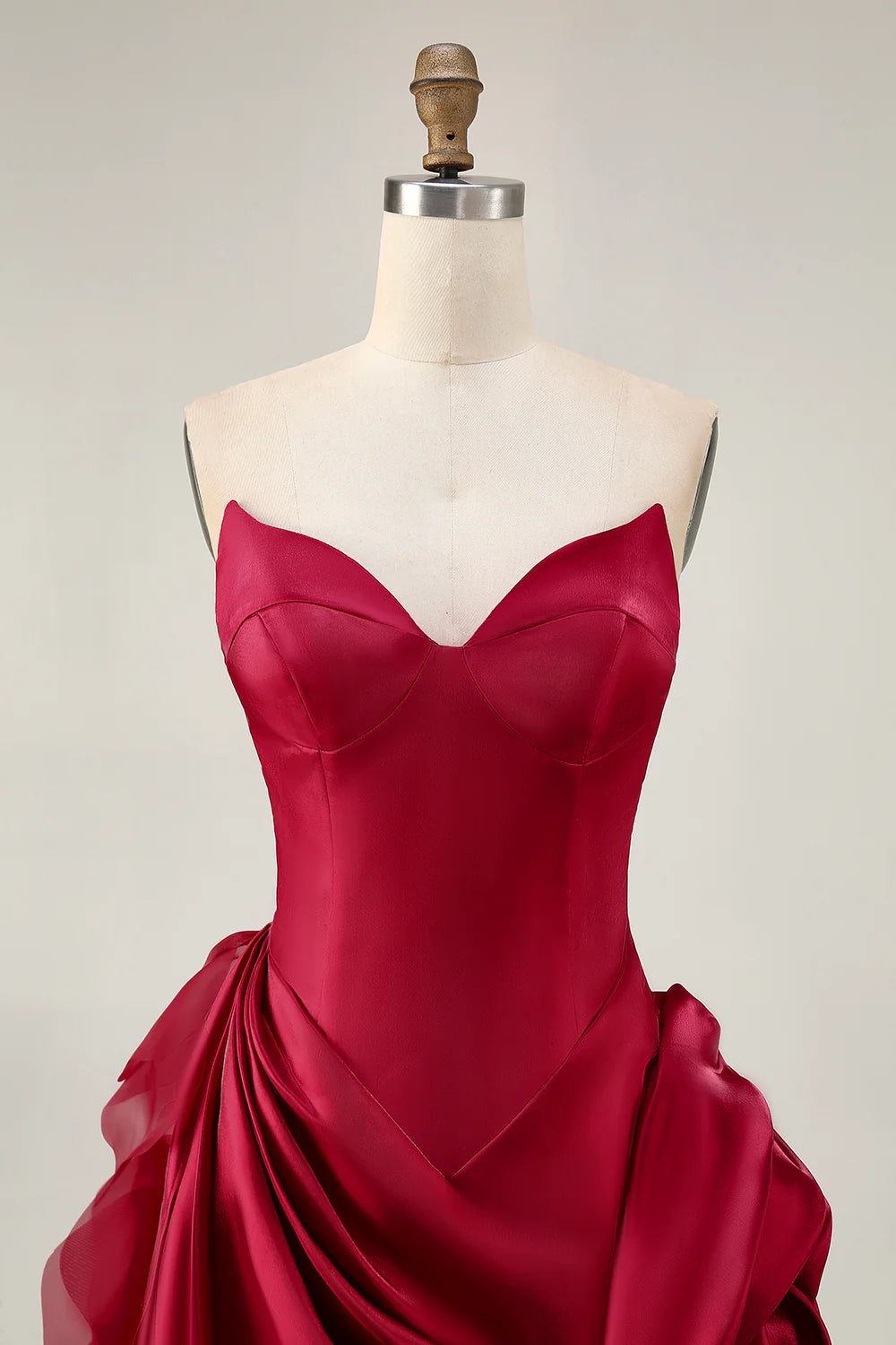 Burgundy Strapless Ruffled Short Homecoming Party Dress With 3D Flower And Train