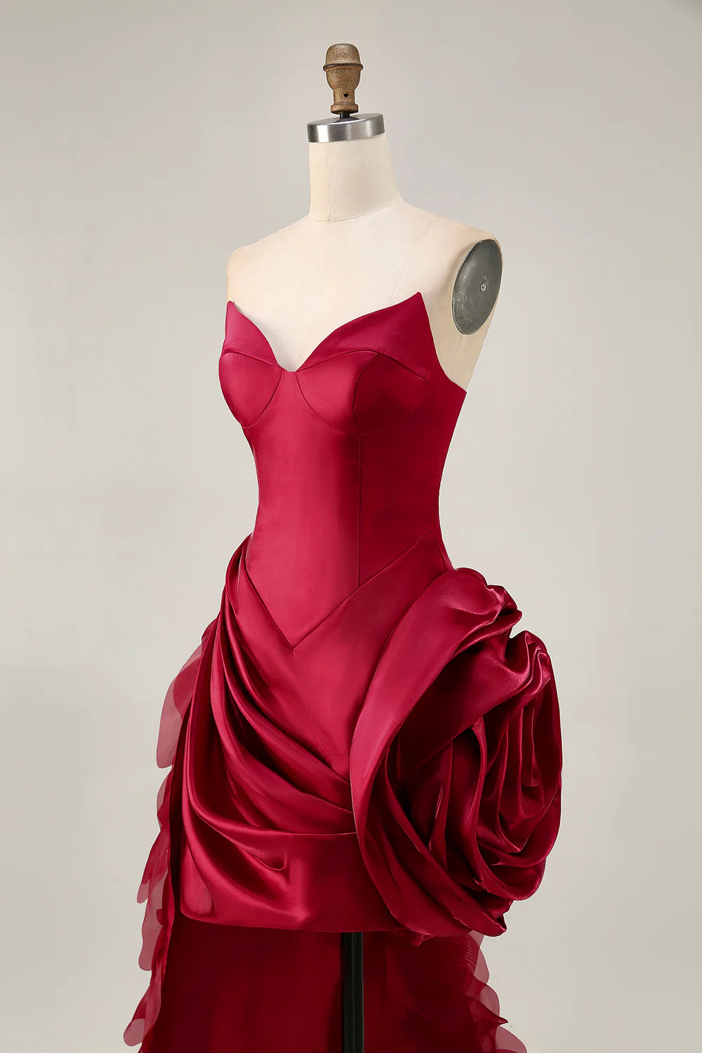 Burgundy Strapless Ruffled Short Homecoming Party Dress With 3D Flower And Train