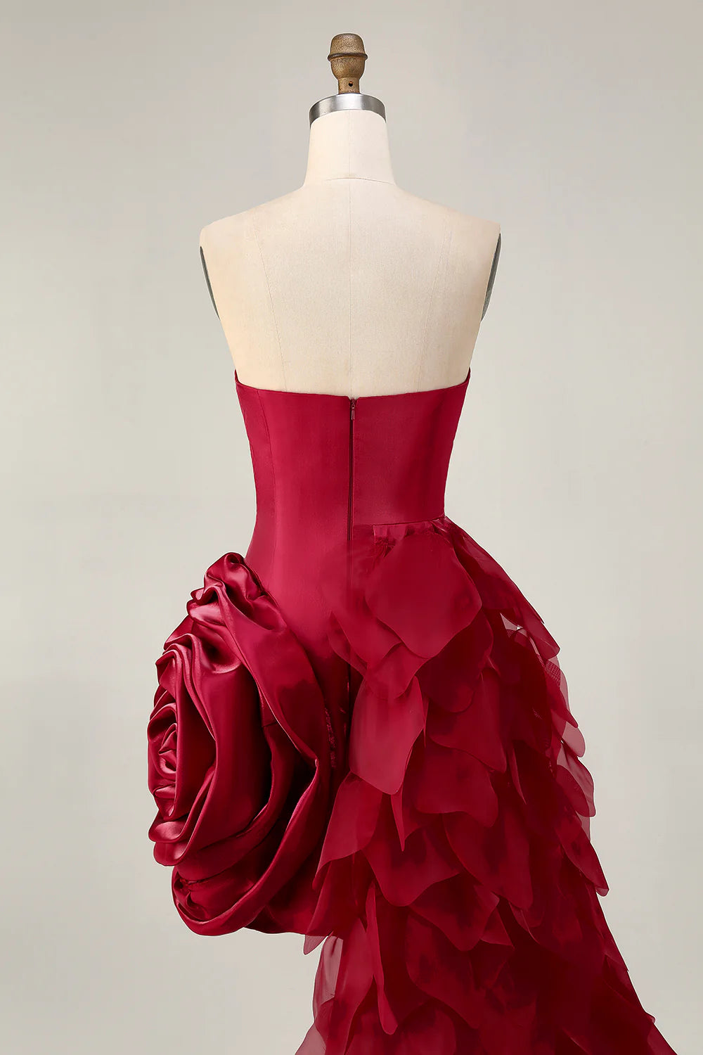 Burgundy Strapless Ruffled Short Homecoming Party Dress With 3D Flower And Train
