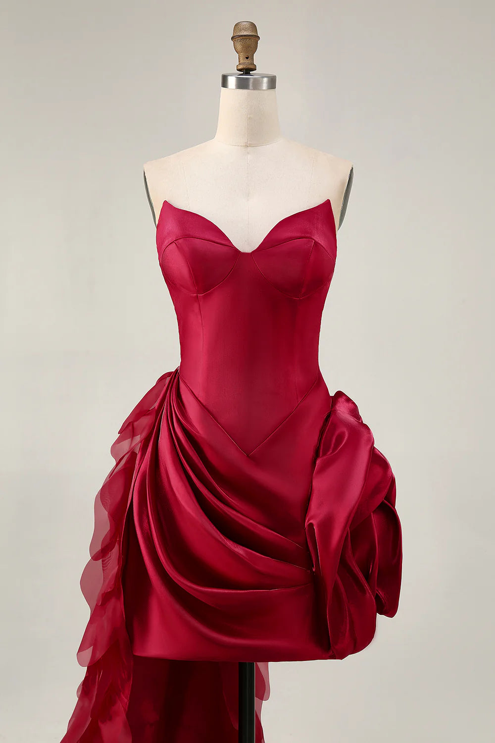 Burgundy Strapless Ruffled Short Homecoming Party Dress With 3D Flower And Train
