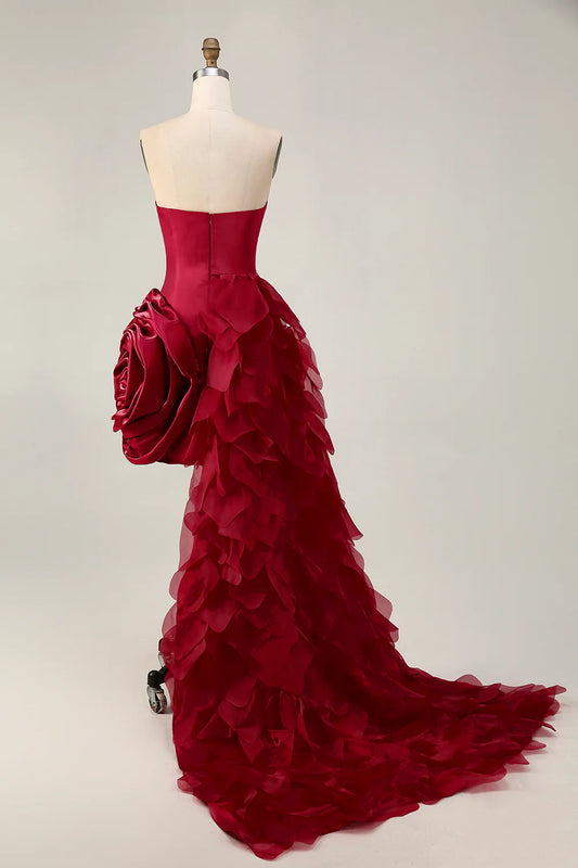 Burgundy Strapless Ruffled Short Homecoming Party Dress With 3D Flower And Train