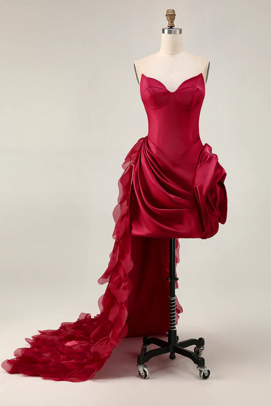 Burgundy Strapless Ruffled Short Homecoming Party Dress With 3D Flower And Train