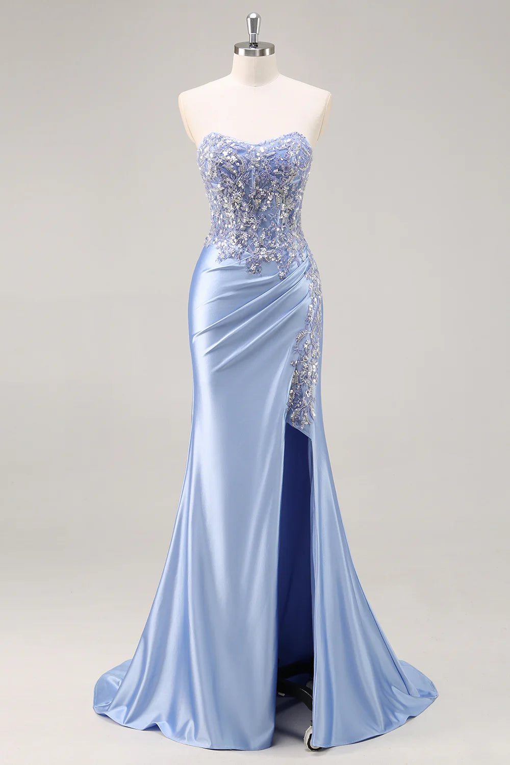 Beautiful Blue Strapless Sequin With Applique Mermaid Long Prom Dress with Beading