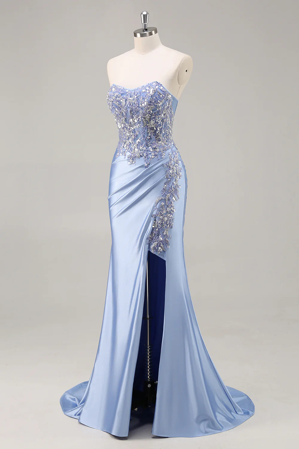 Beautiful Blue Strapless Sequin With Applique Mermaid Long Prom Dress with Beading