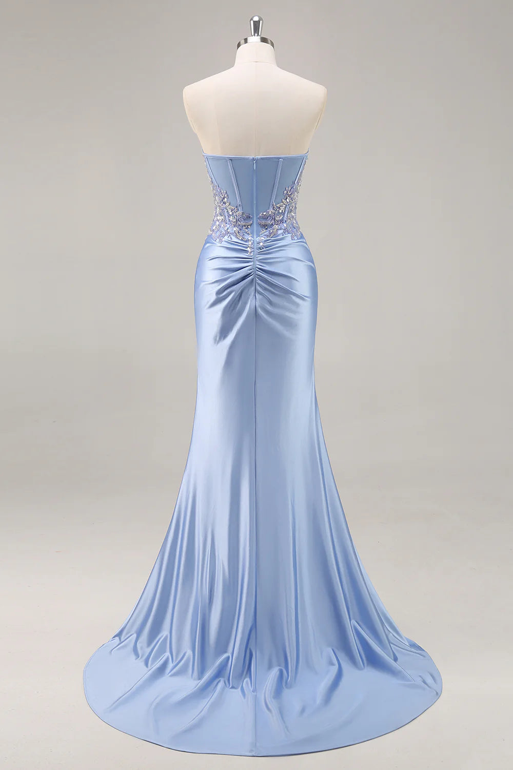 Beautiful Blue Strapless Sequin With Applique Mermaid Long Prom Dress with Beading
