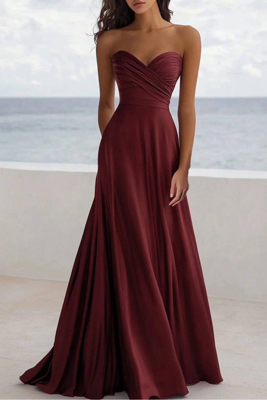Burgundy Sweetheart Collar Ruched Strapless A Line Full Length Formal Dress Burgundy Evening Dress
