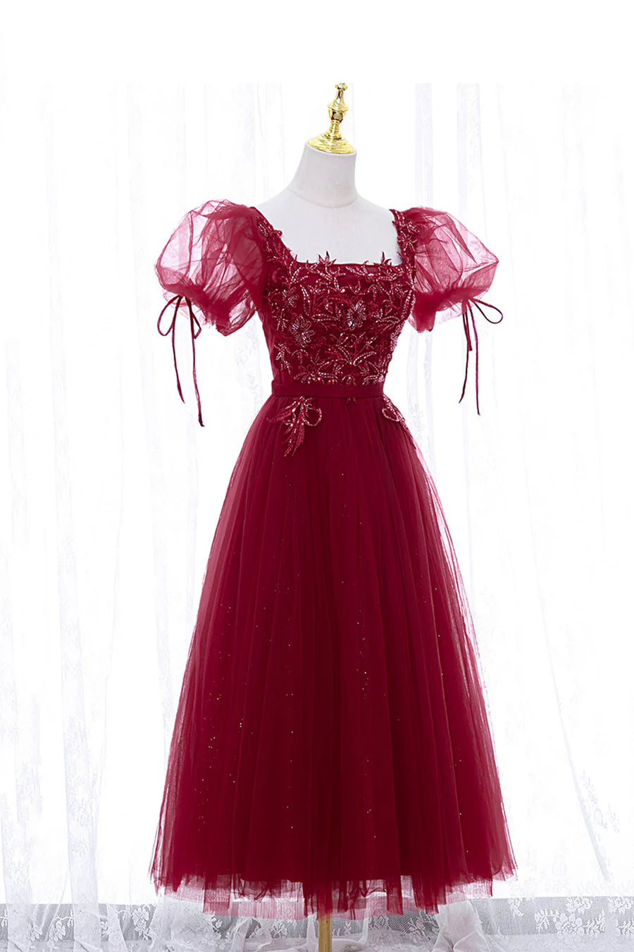 Burgundy Tulle Beaded Square Neck Short Sleeve Tea Length Prom Dress A-Line Homecoming Dress