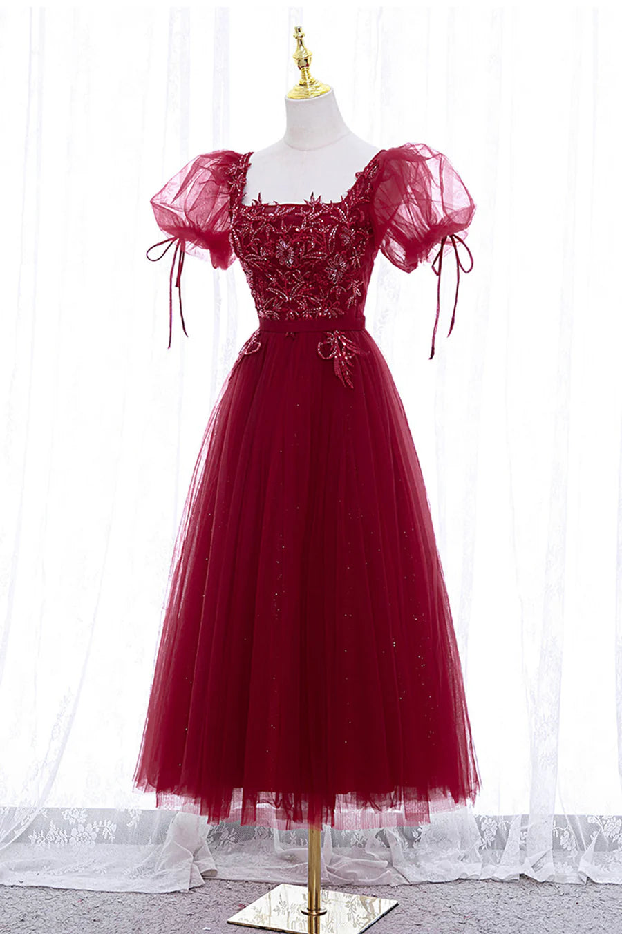 Burgundy Tulle Beaded Square Neck Short Sleeve Tea Length Prom Dress A-Line Homecoming Dress