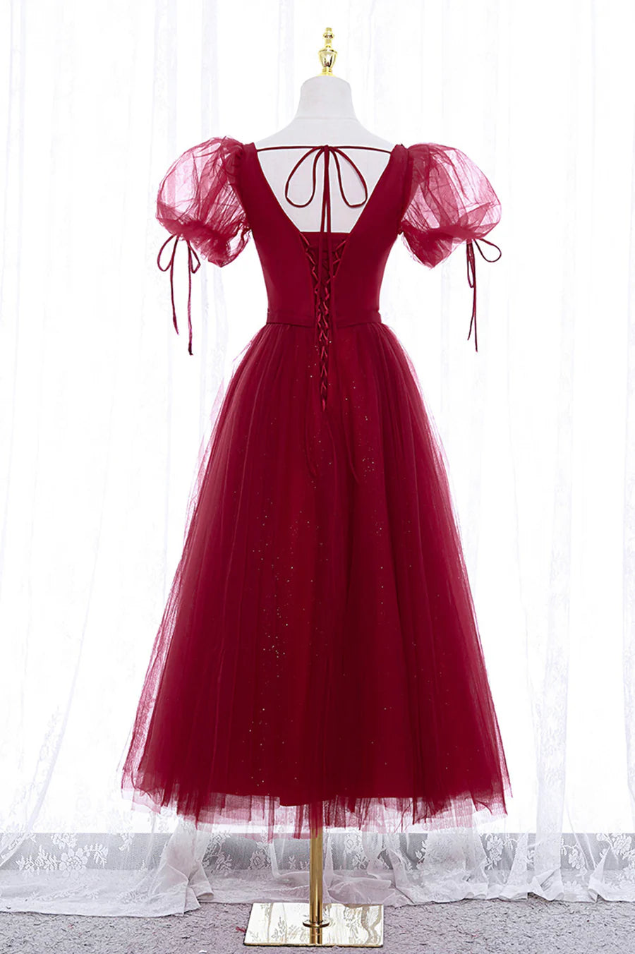 Burgundy Tulle Beaded Square Neck Short Sleeve Tea Length Prom Dress A-Line Homecoming Dress