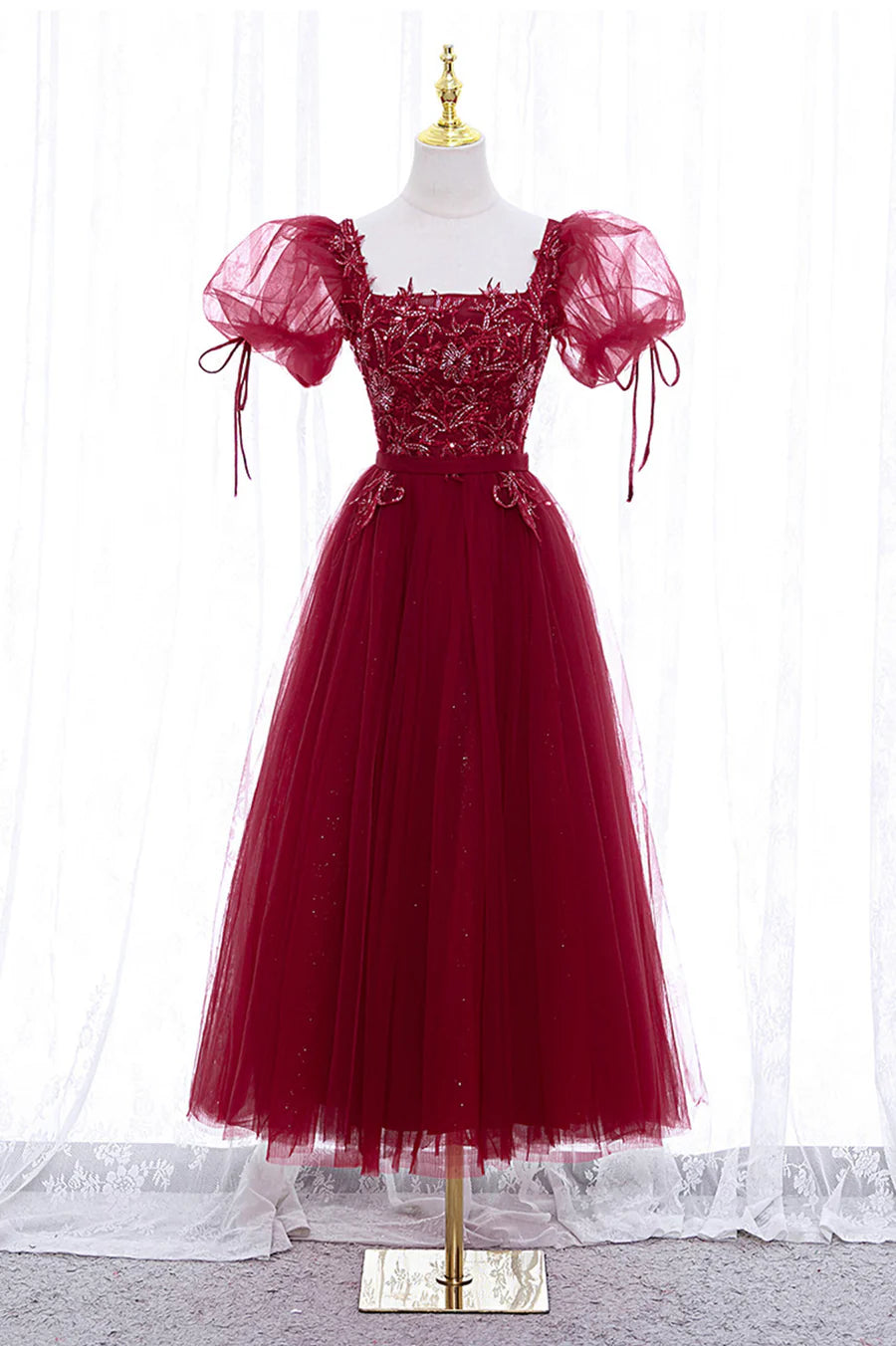 Burgundy Tulle Beaded Square Neck Short Sleeve Tea Length Prom Dress A-Line Homecoming Dress
