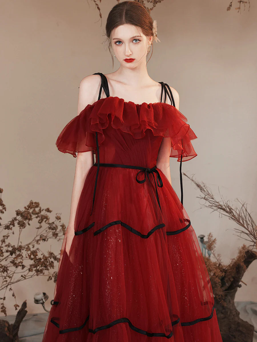 Burgundy Tulle Black Spaghetti Straps Off Shoulder Long Prom Dress Party Dress