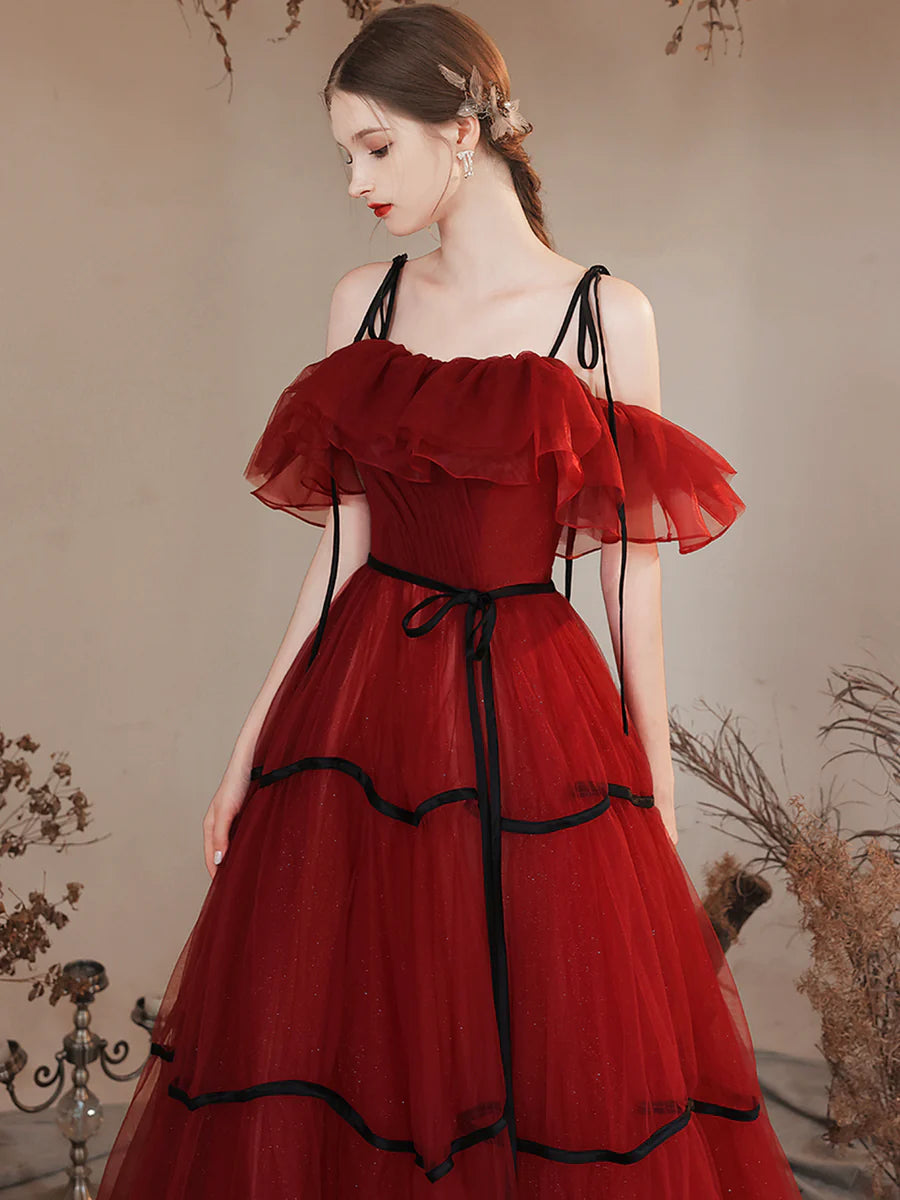 Burgundy Tulle Black Spaghetti Straps Off Shoulder Long Prom Dress Party Dress