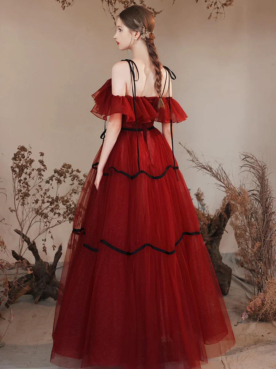 Burgundy Tulle Black Spaghetti Straps Off Shoulder Long Prom Dress Party Dress