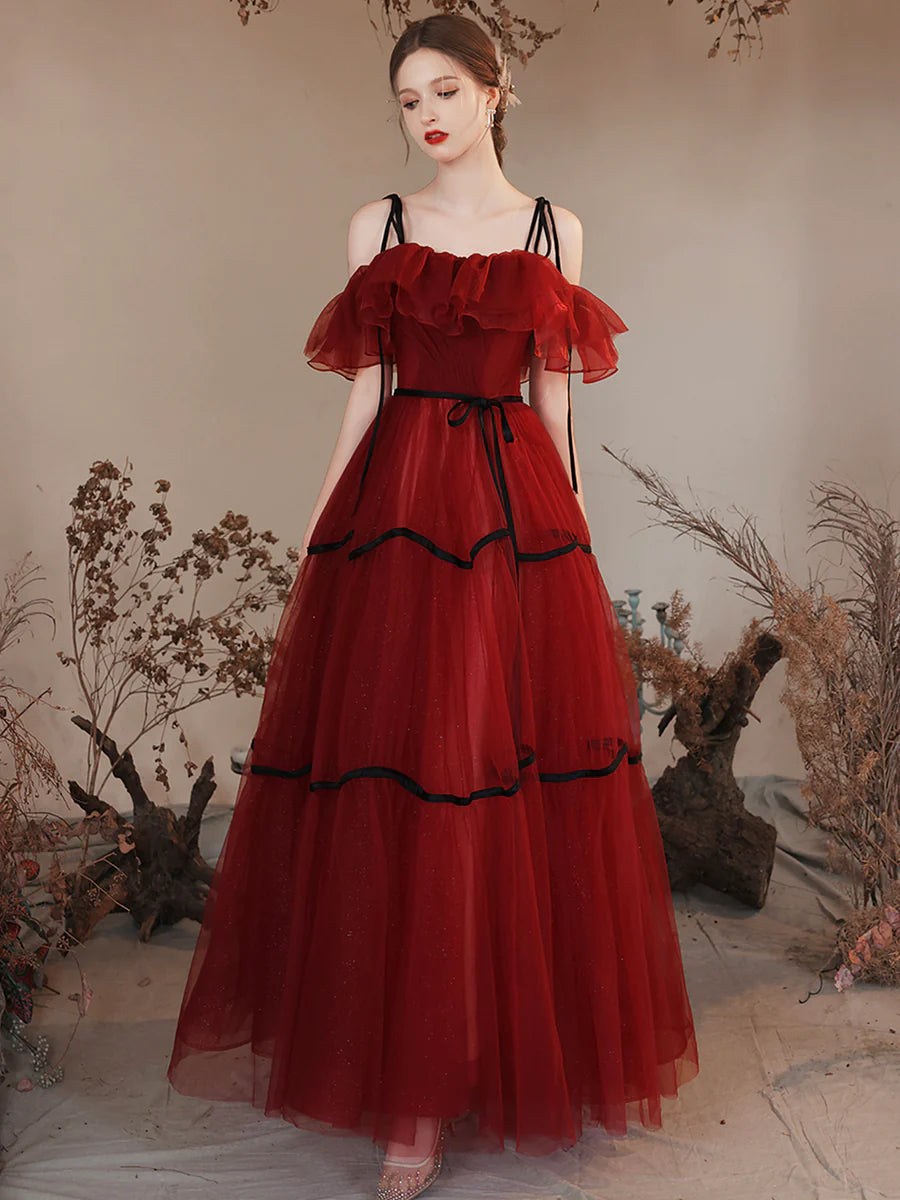 Burgundy Tulle Black Spaghetti Straps Off Shoulder Long Prom Dress Party Dress