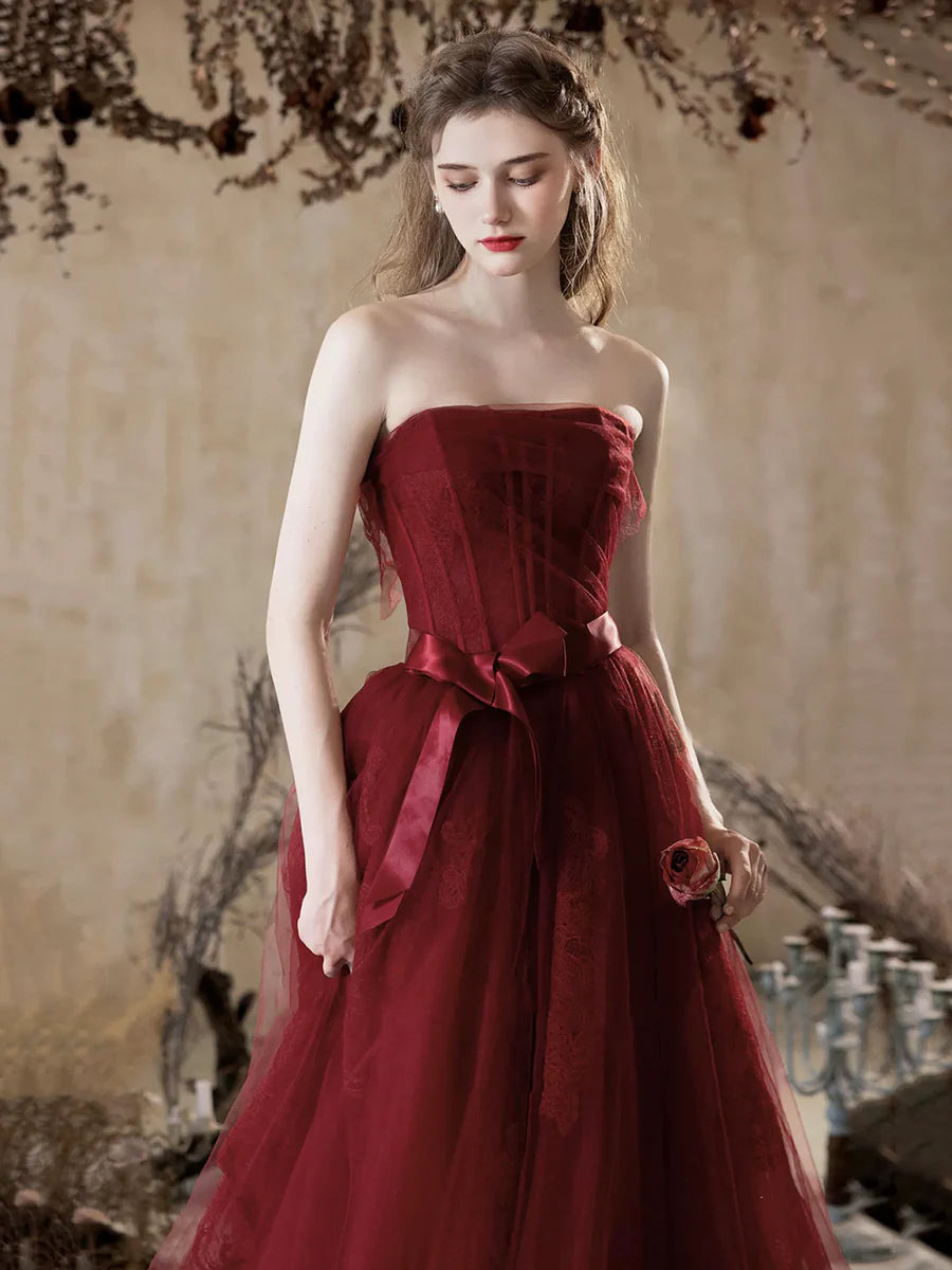 Burgundy Tulle Floral Lace Strapless A-Line Floor Length Prom Dress Evening Party Dress