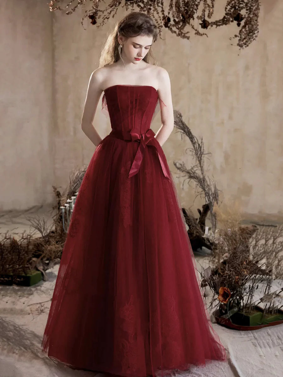 Burgundy Tulle Floral Lace Strapless A-Line Floor Length Prom Dress Evening Party Dress