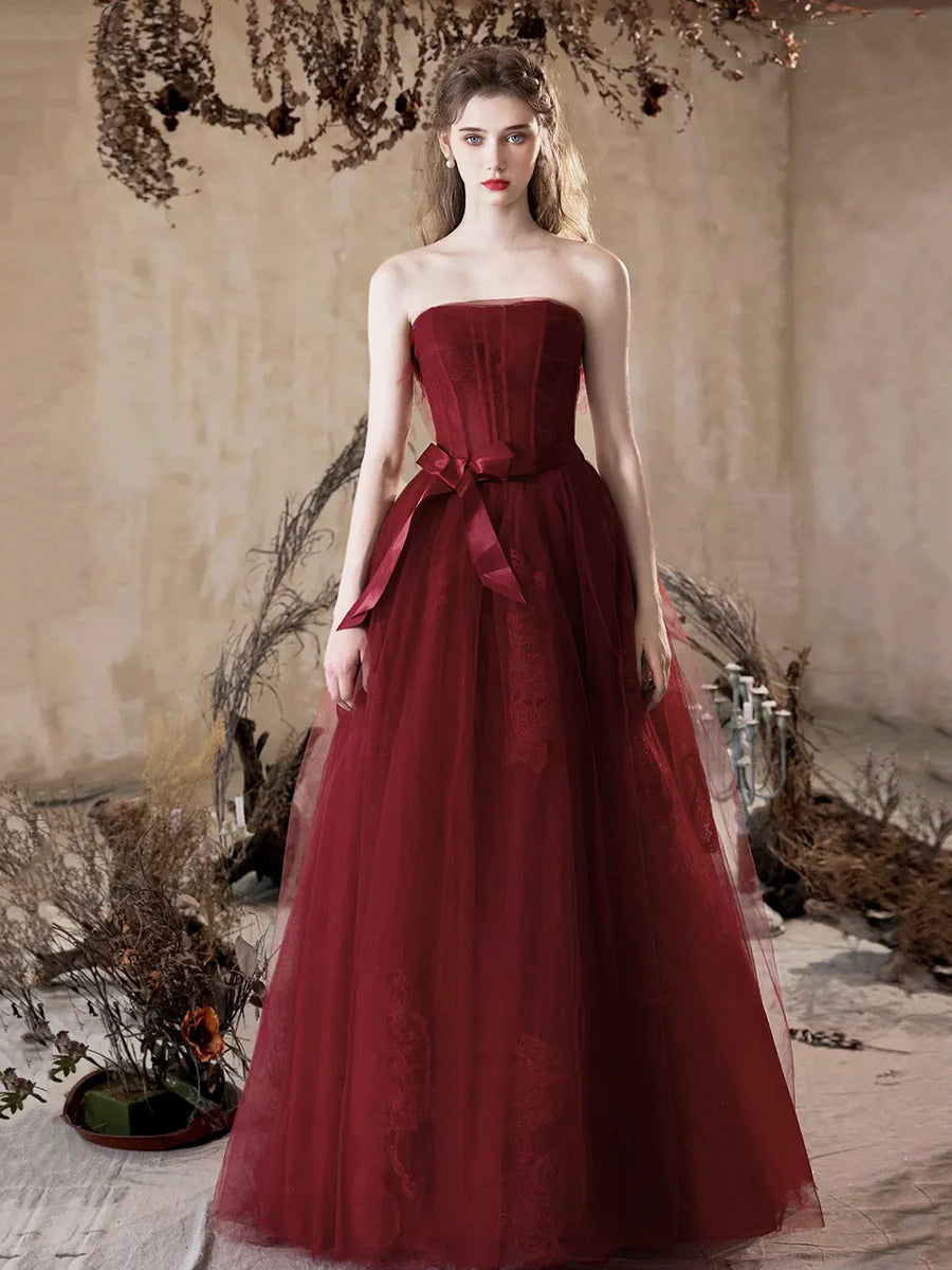 Burgundy Tulle Floral Lace Strapless A-Line Floor Length Prom Dress Evening Party Dress