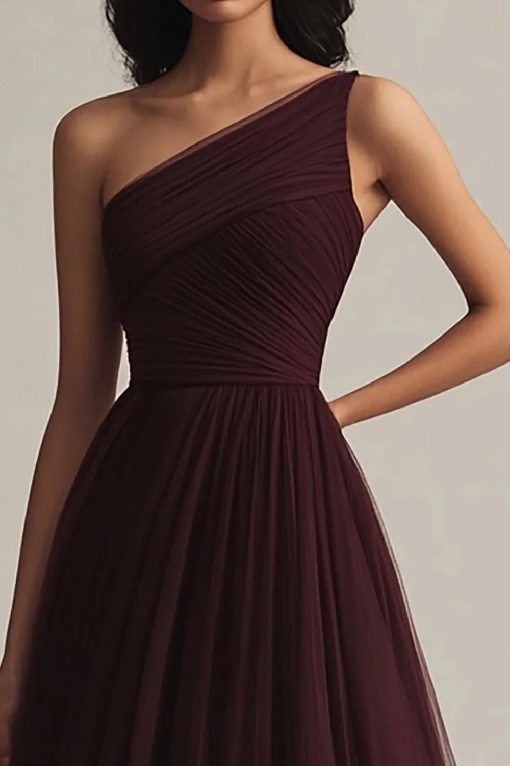 Burgundy Tulle Pleated A Line One Shoulder Floor Length Evening Dress Burgundy Prom Dress