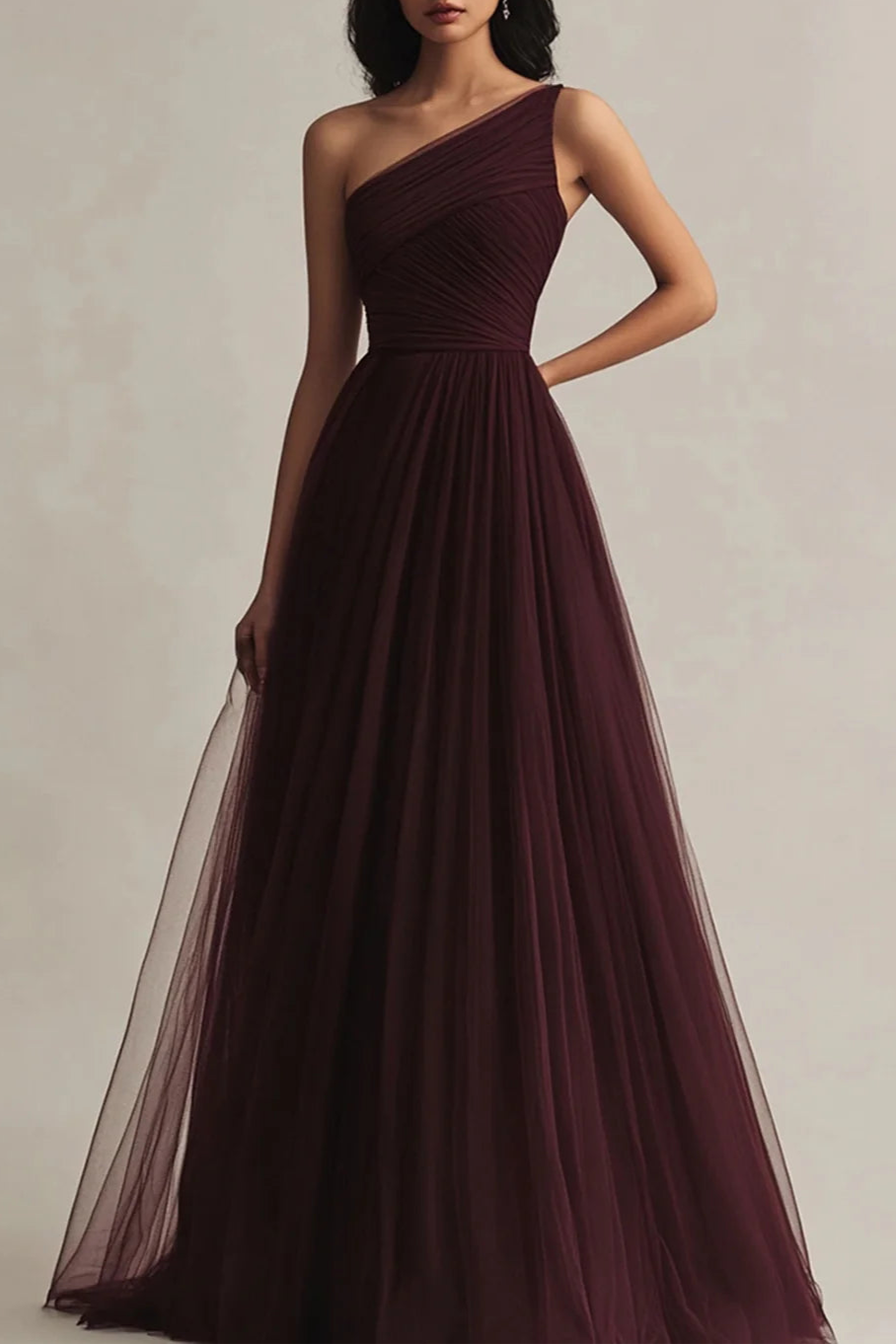 Burgundy Tulle Pleated A Line One Shoulder Floor Length Evening Dress Burgundy Prom Dress
