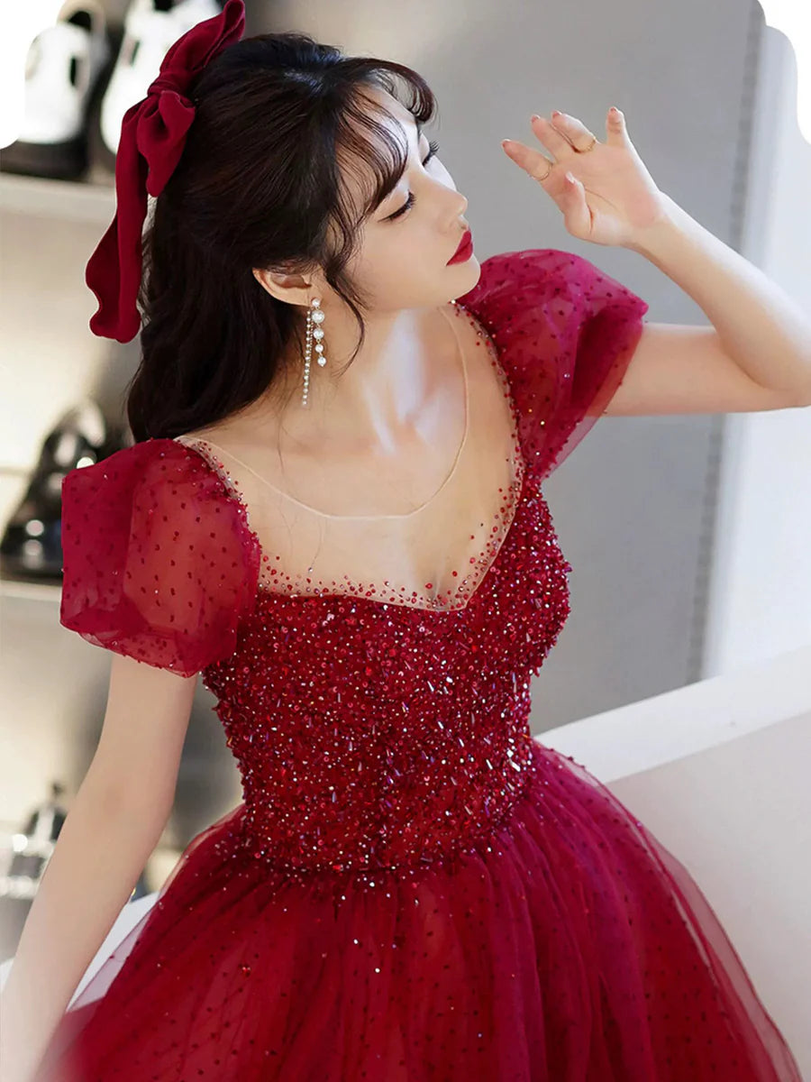 Burgundy Tulle Sequin Scoop Neckline A-Line Long Prom Dress Evening Party Dress